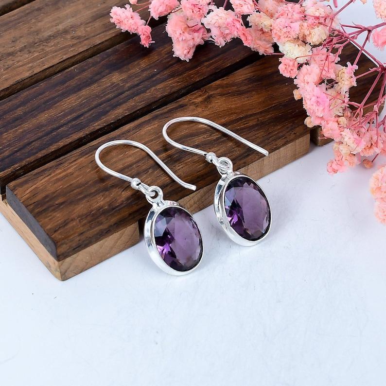 Solid 925 Sterling Silver Amethyst Gemstone Handmade Designer Dangle Earring Women Jewelry