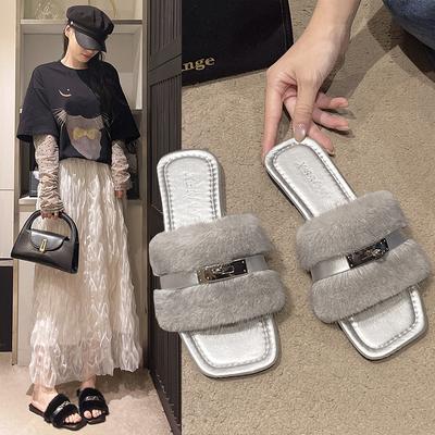 Классические тапочки для женщин Повседневные плоские на низком каблуке Базовая обувь Женские однотонные Металлическая отделка Мех Слипоны Летние сандалии Большой размер