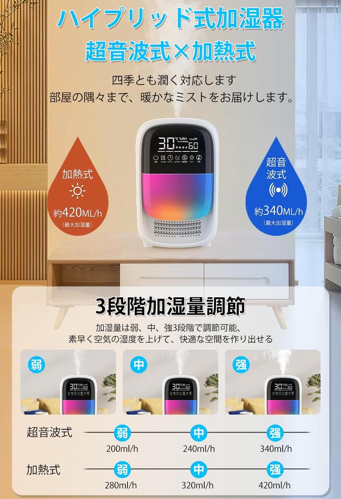 Humidifier New Arrival 4L Large Tabletop Hybrid Heating Ultrasonic Water Supply from 3 Level Humidification Level Double Humidification Volume