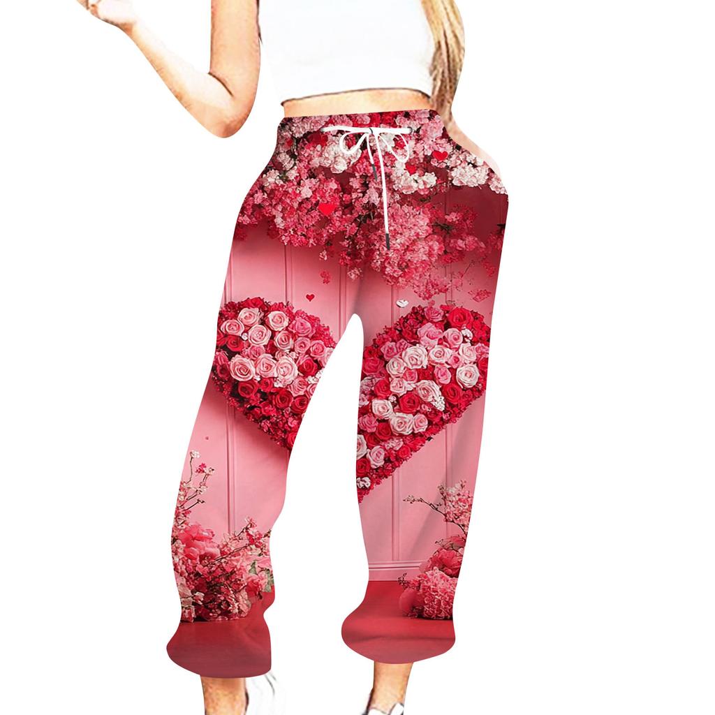 Женская повседневная мода День святого Валентина Повседневные брюки с принтом Спортивные брюки Брюки с эластичной резинкой на талии со шнурком Брюки со шнурком