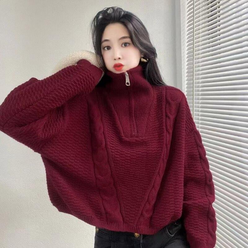 Pullover Knitwear Women 2022 Autumn And Winter Lantern Long Sleeve Zipper Solid Casual High Neck Pullover Sweater Women Tops