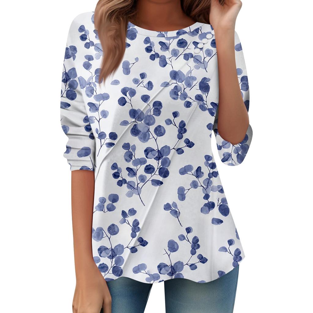 Women's Loose Casual Long Sleeve Top Round Neck Button Pull Stripe Prints T Shirt