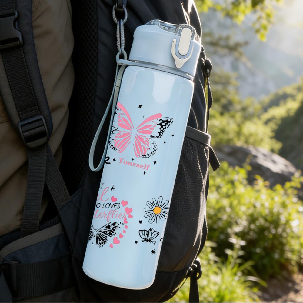 1PC Butterfly Daisy Love Collage 750ml Color Plastic Sports Water Bottle Leakproof Flip Straw Lid Suitable for Sports Office Home Use