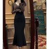 Корейский костюм женский новый изогнутый топ с длинным рукавом + юбка с разрезом-гарпуном иностранный стиль комплект из двух предметов