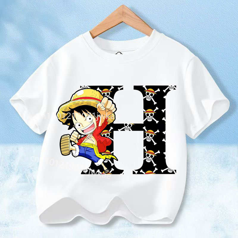 2026 Новая футболка с принтом One Piece Буквы A-Z Аниме Луффи Гир Мультяшная Графика Хлопковая Футболка для Детей Летние Спортивные Футболки Повседневные Детские Топы