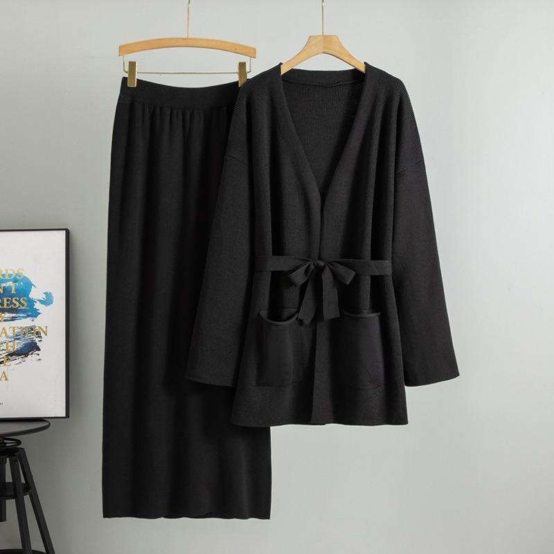 Плюс размер женская весенняя новая V-образная горловина свободная трикотажная юбка стильный кардиган комплект из двух предметов