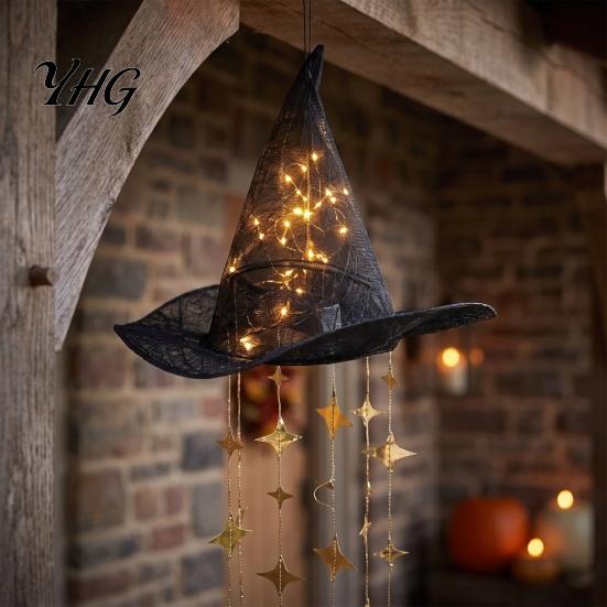 Sunroom Holiday Sparkle Decor Lighted Witch Hat Hanging Chime, Halloween LED Ornament with Luminous Lights Star Tassels, Magical Light for Porch