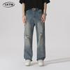 LKTM Men's Ripped Jeans: Summer New Style, Retro Washed, American Trend, Straight Fit.