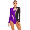 Womens Color Block Patchwork Leotard Sparkling Rhinestone Sheer Mesh Long Sleeve Bodysuit for Gymnastics Acrobatics Dance