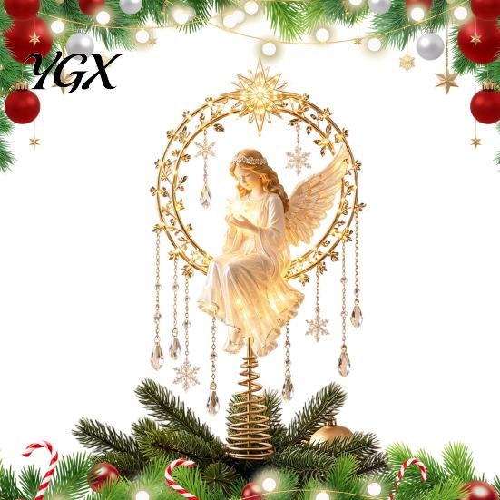 Christmas Party Ornaments Lighted Memorial Tree Topper, Angel Red Bird Reindeer Designs Treetop Ornament Farmhouse Decorations with Warm Glow