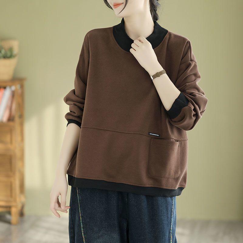 Women's Pullover Sweatshirt Color Blocked Semi High Neck Loose Warm Mom Casual Top Women
