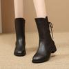 Fashion Elegant with Low Heels Black Pointed Toe Lace-up Half High Boots for Women Autumn Winter Chic Fleece-Lined Mid Calf Shoes Woman