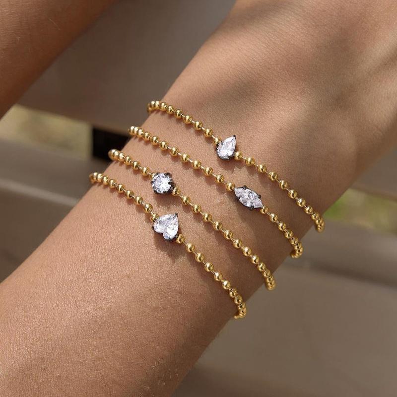 White Zircon Geometric Bracelet PVD Gold Plated Thin Bead Chain Delicate Jewelry for Women Casual Wear