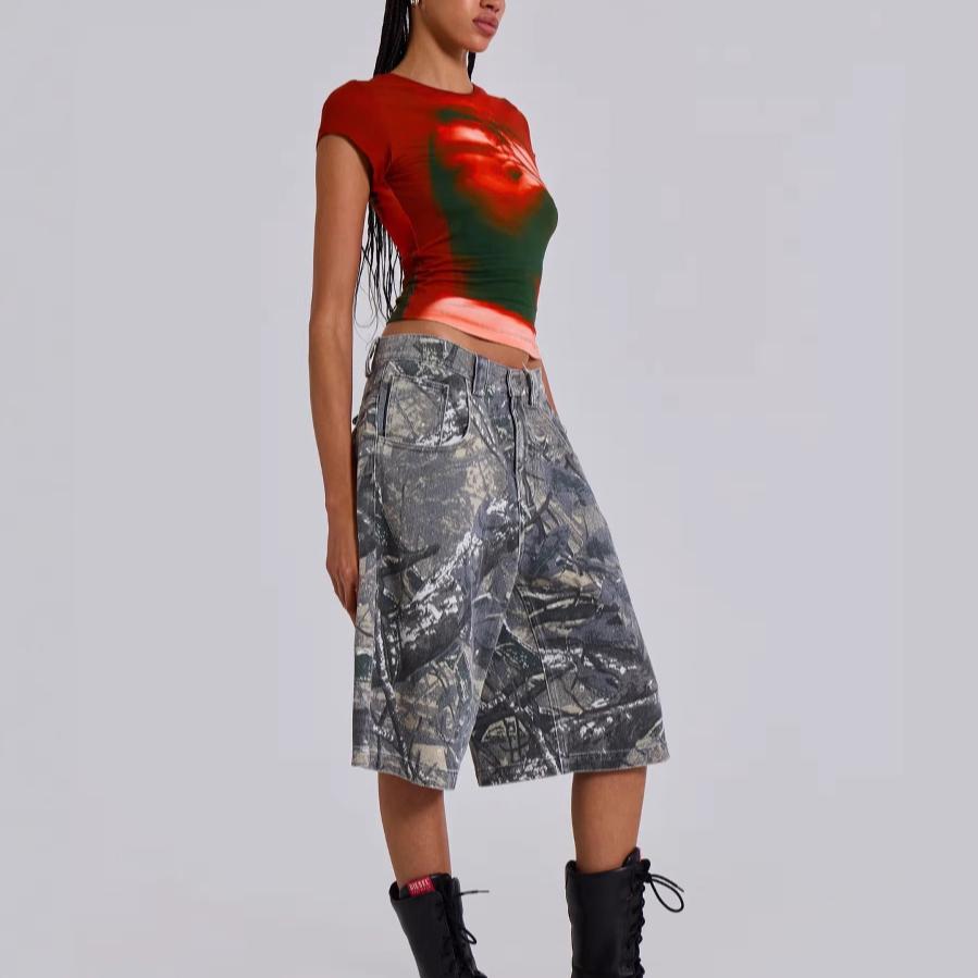 Унисекс с карманом в виде листа, камуфляжные джинсовые шорты, винтажные потертые брюки для мужчин и женщин, летние винтажные свободные прямые мешковатые шорты