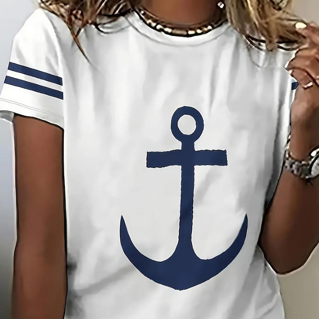 2024 новая стильная футболка для женщин, топ с принтом якоря, летние футболки большого размера для женской одежды, женская мода с круглым вырезом, большие размеры