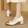 Women Pumps Block Heels Casual Mixed Color Ladies PU Leather Spring Summer Velcro Tape Mary Janes Shoes Female Size 33-46