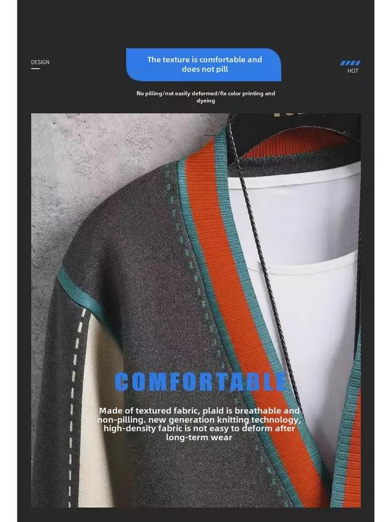 Мужской вязаный кардиган с V-образным вырезом - мода весна/осень 2024 г., свитер с цветными блоками, куртка в стиле панк