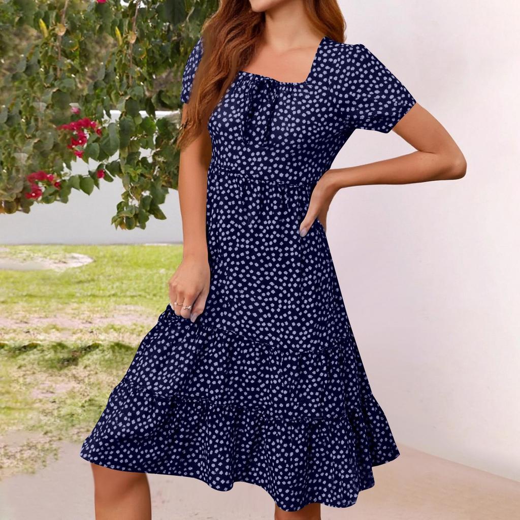 Womens Square Neck Tiered Summer Dresses Casual Floral Short Sleeved A-line Swing Flowy Dress Beach Boho Sundress