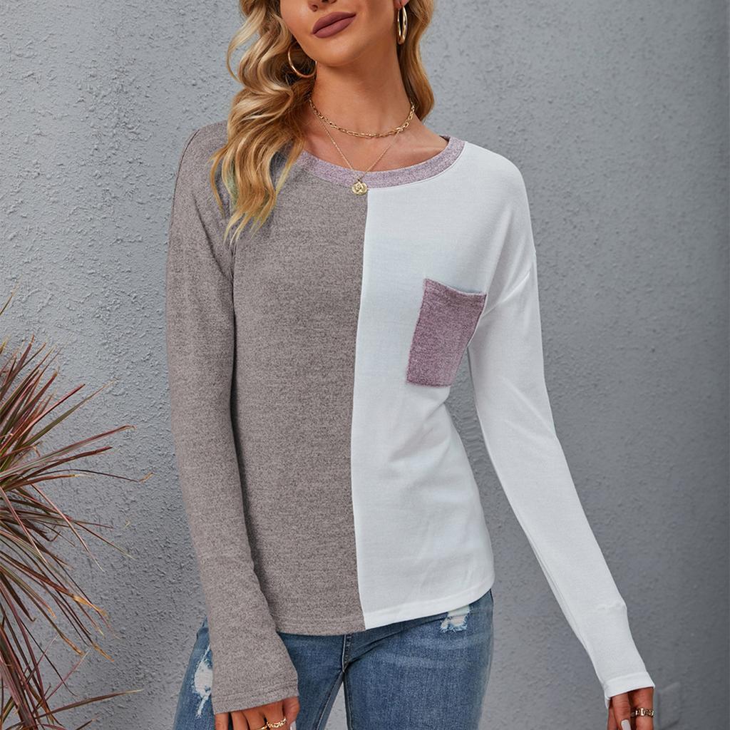 Женская повседневная футболка с длинным рукавом и круглым вырезом в стиле пэчворк, свободный женский топ