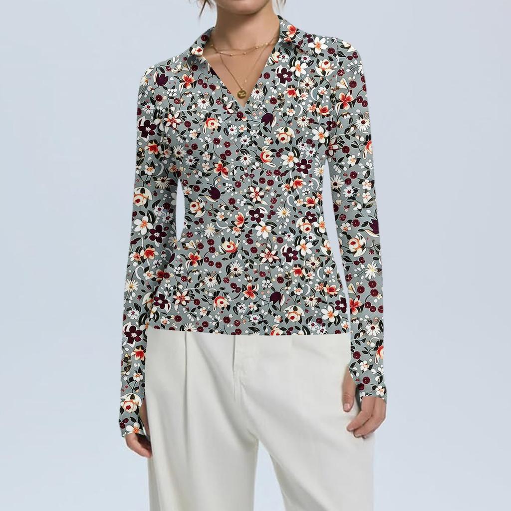 Женская Мода Повседневный Принт V-образный Вырез Длинный Рукав Застежка на Пуговицы Топ