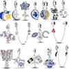 S925 Sterling Silver Shiny Moon Star Charm Safety Chain Airplane Passport Fit Original  Bracelet DIY Dangle  Jewelry Gifts
