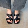 Sheepskin Version Versatile Black Niche Characters with Open-toed Cool Slippers Women's Summer Minimalist Leather Comfortable High-heeled Sandals