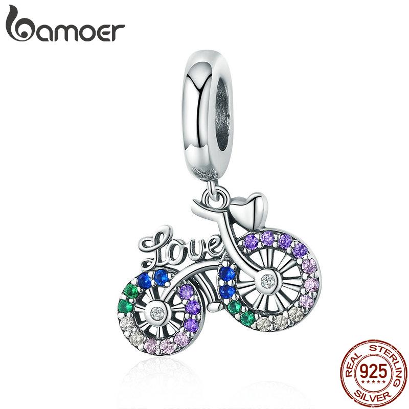 BAMOER 925 Sterling Silver Crystal Bike Bicycle Shape Pendant Charms Fit Bracelets & Necklace