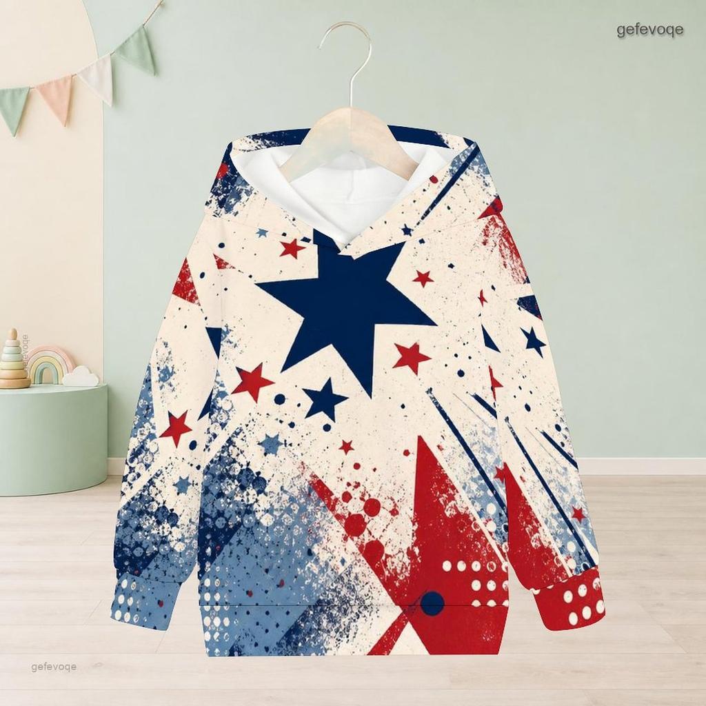 Girls Navy Blue Star Printed Long Sleeve Hooded Pullover Sweatshirt