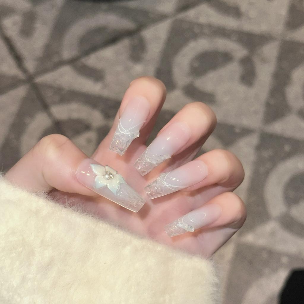 Pure Hand-wearing Nail High-end Blue Ice Flower Manicure Nude Color French Water Ripples Detachable Fake Nail Patch