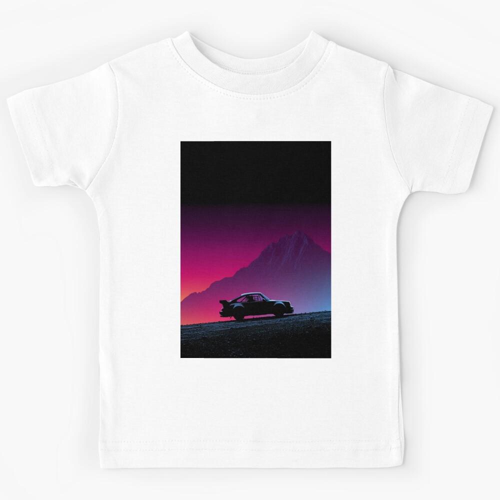 Monochrome silhouette of a rally car against a neon-lit landscape Art Inspired By Nature And The Active Outdoors Kids T-Shirt