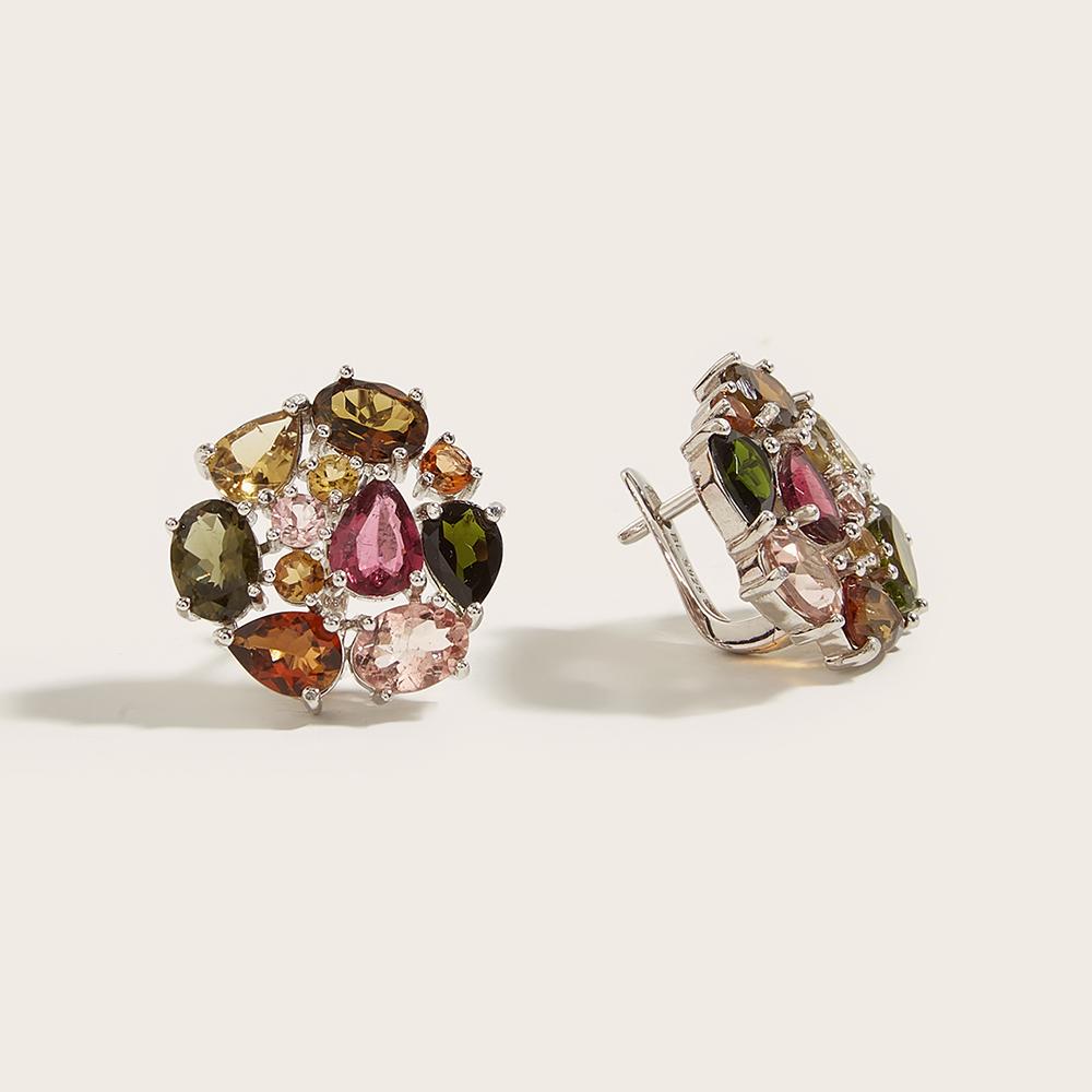 925 Sterling Silver Light Luxury Multi-colored Natural Tourmaline Ring Earrings Summer New Women Anniversary Party Wedding Gift