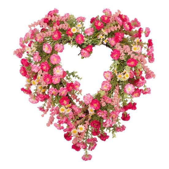 Holiday Wreath Heart Shape Indoor Outdoor Decorative Wreath with Festive Flowers Greenery Home Party Office