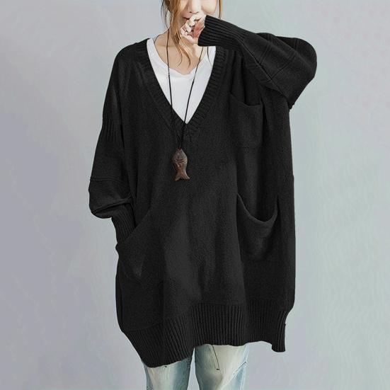 Women Sweater V-Neck Long Sleeve Sweater with Pockets Solid Color Loose Fit Long Hem Knitting Tops Autumn Winter Wear