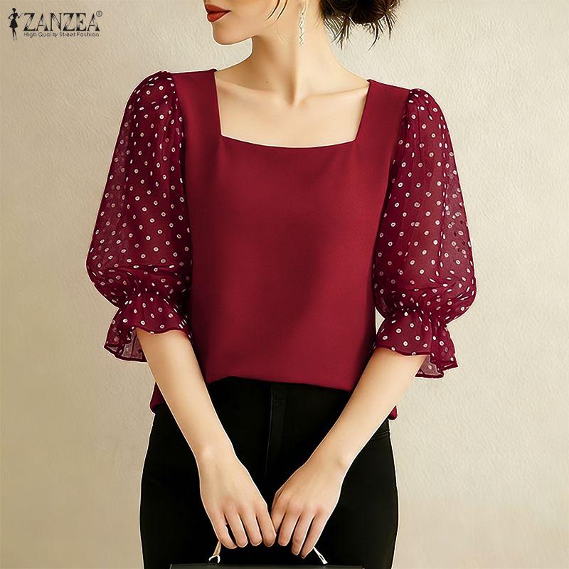 ZANZEA Женская элегантная блузка с квадратным вырезом, рукавами 3/4 и принтом в горошек.