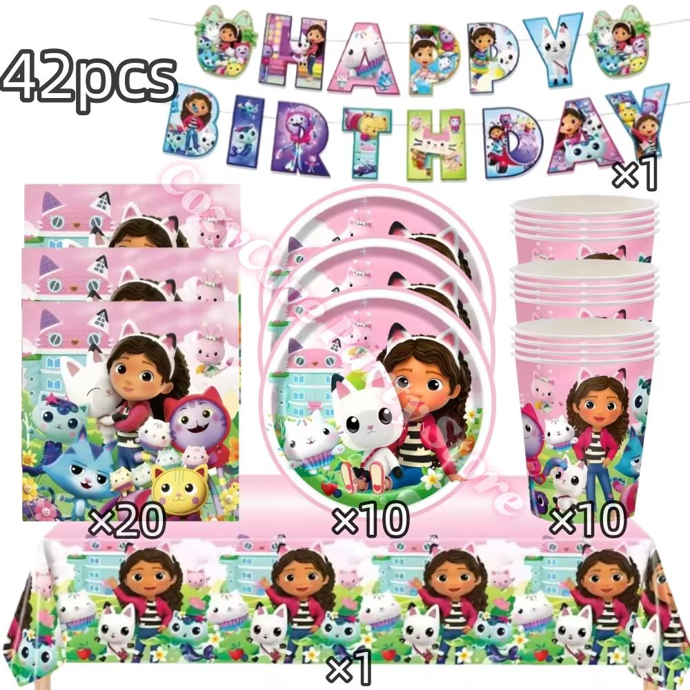 Gabby Dollhouse Birthday Party Decoration Gabby Plates Cups Napkins Cake Topper Balloons For Kids Party Favors Gifts Photo Booth