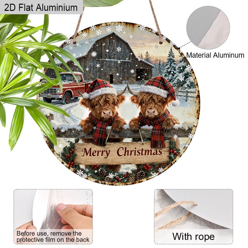 2D Flat Merry Christmas Aluminium Sign with Highland Cow Pattern - Navidad Figurine Ornaments - Ideal for Front Door, Wall, Porch, Fence Decor
