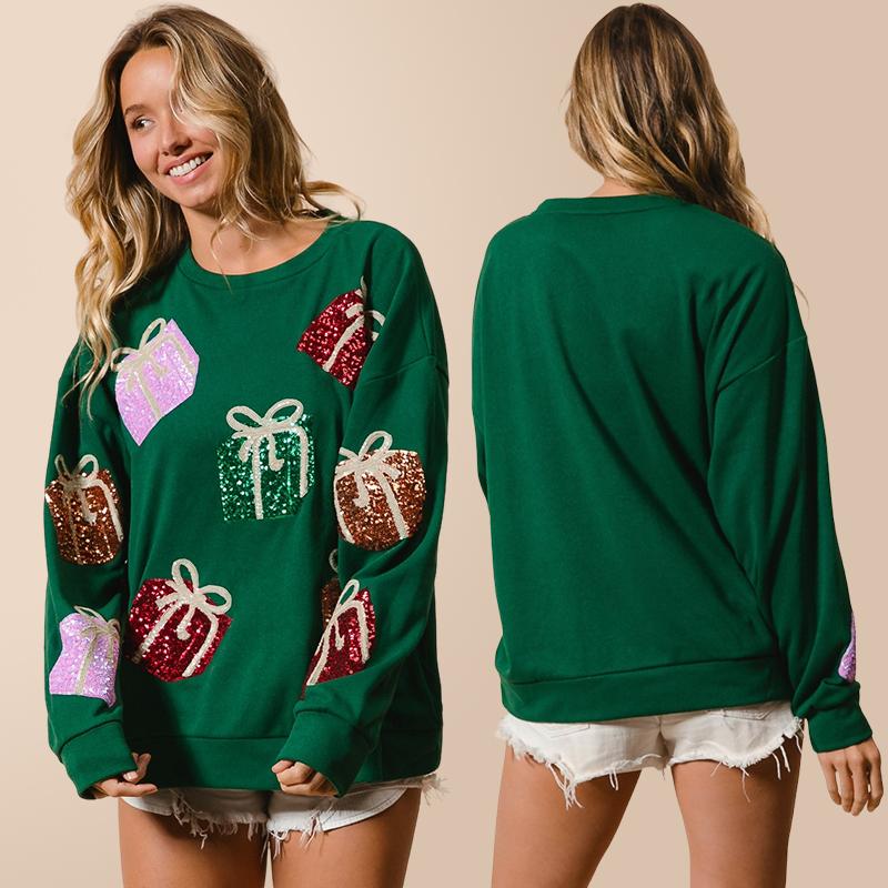 Women's Christmas Sweatshirt Loose Sequin Present Box Crew Neck Long Sleeve Pullover Tops Casual Streetwear
