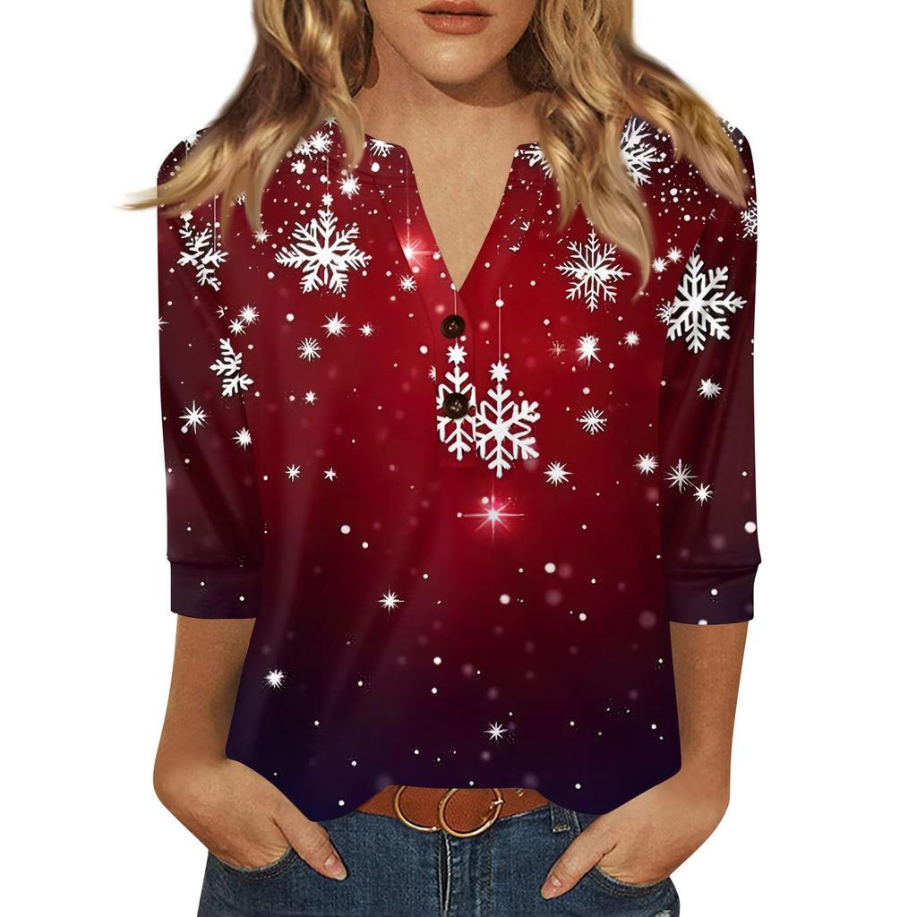 Женская футболка с рождественским принтом, на пуговицах, рукав 3/4, повседневная, выходного дня, модная, базовая, с V-образным вырезом, стандартный топ