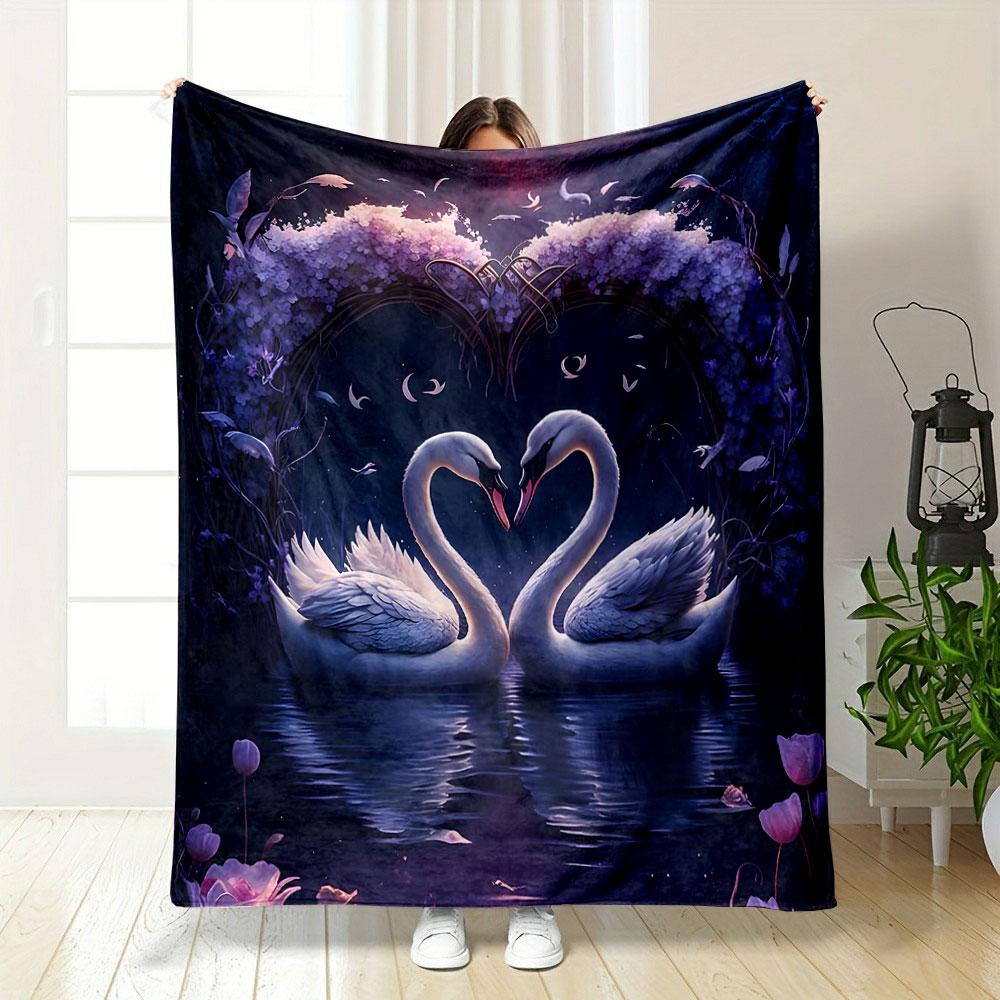 "Romantic Swan Pair Under Moonlit Arch" Patterned blanket, flannel, suitable for all seasons, home decor, warm and cozy