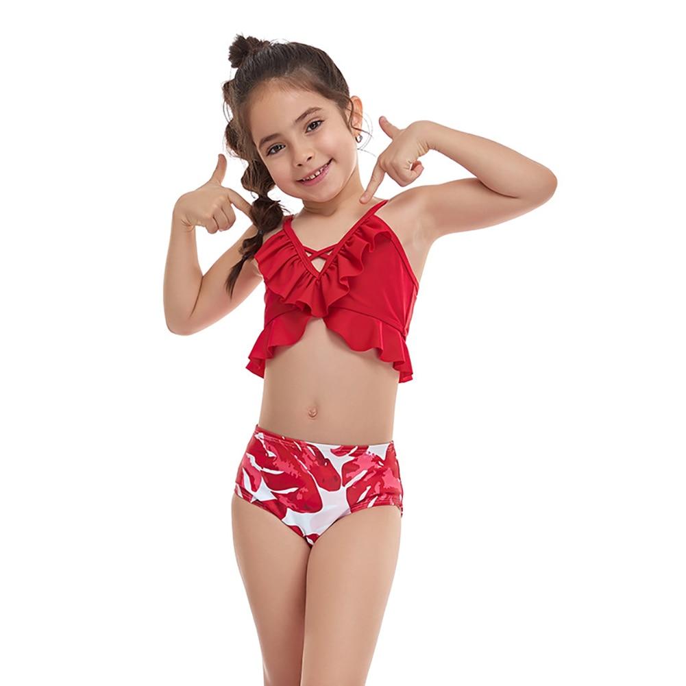 Toddler Girls Swimsuits Two-Pieces Bathing Suits Ruffled Crop Top And Floral Bottoms Quick Dry Swimwear Kids Sunsuit Tankini Suit 2-12T