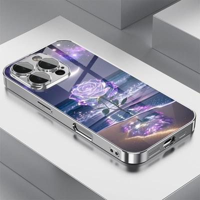 Чехол для телефона Samsung Galaxy S23 S24 S25 Ultra Plus FE, закаленное стекло, гальванизированное серебро, узор 'Фиолетовая Роза на Морском Побережье'