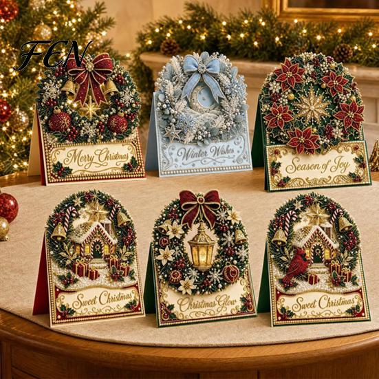 Snowman Santa Elk Craft Kits DIY Christmas Card Kit, 3D Pop-Up Faux Pearl Art Set Wreath Card, Handmade Xmas for Family And Friends Kit