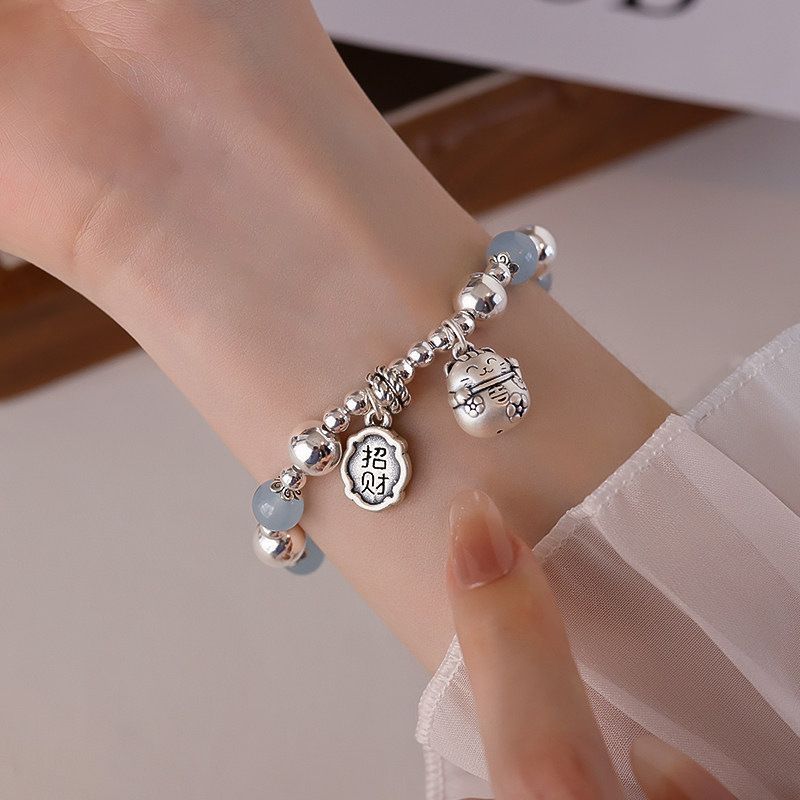 Aquamarine beaded fashion lucky cat bracelet bracelet design light luxury niche versatile exquisite high-end jewelry