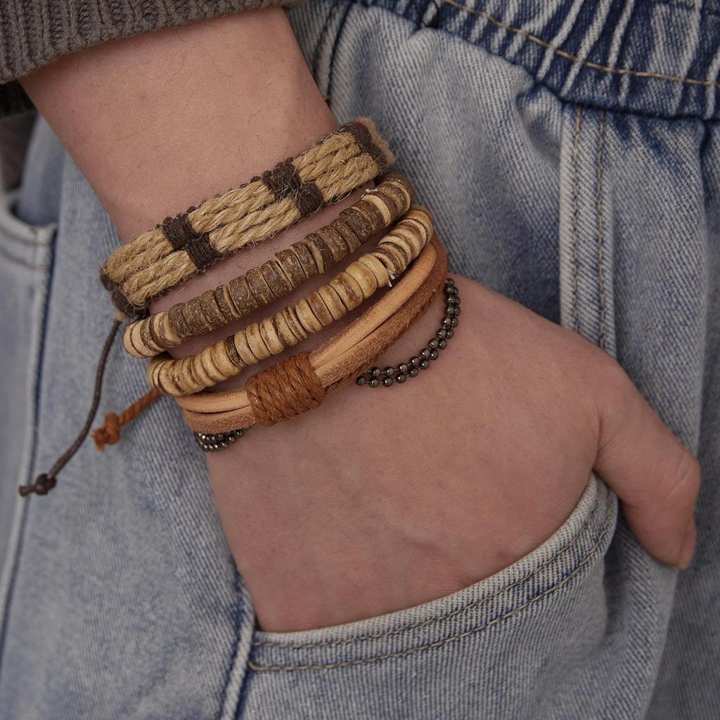 Men's Multi-Layer Bracelet Set with Wooden Beads and Braided Leather