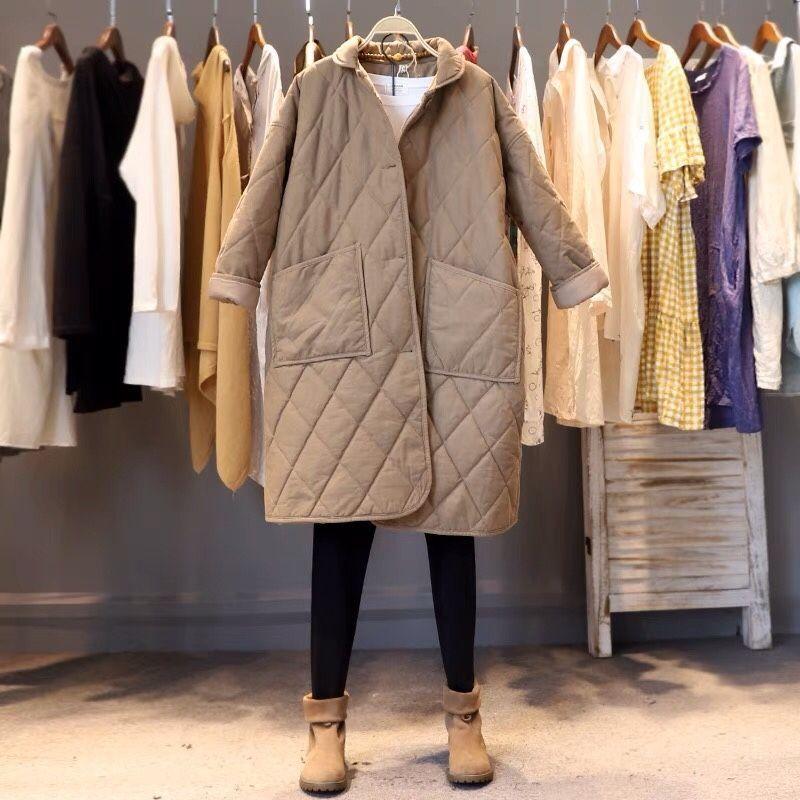 Women's Winter Literary Diamond-shaped Cotton Jacket Loose Leisure In The Long Section Thickened Warm Cotton Clothing
