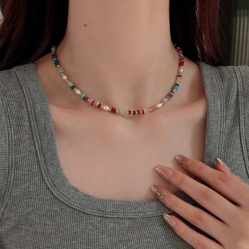 New Trendy Colorful Beads Stone Natural Pearl Choker Necklaces for Women Girls Vintage Gold Color Necklaces Bracelet Zircon Set