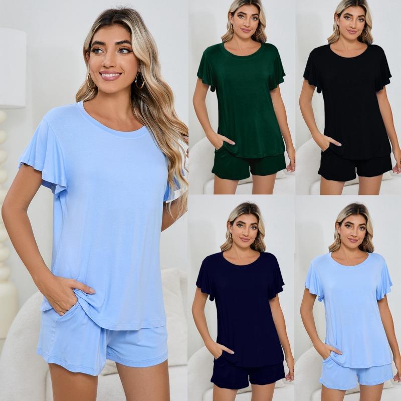 Плюс Размер Женская Круглая горловина Повседневная Домашняя Одежда Короткие Рукава Шорты Пижамный Комплект