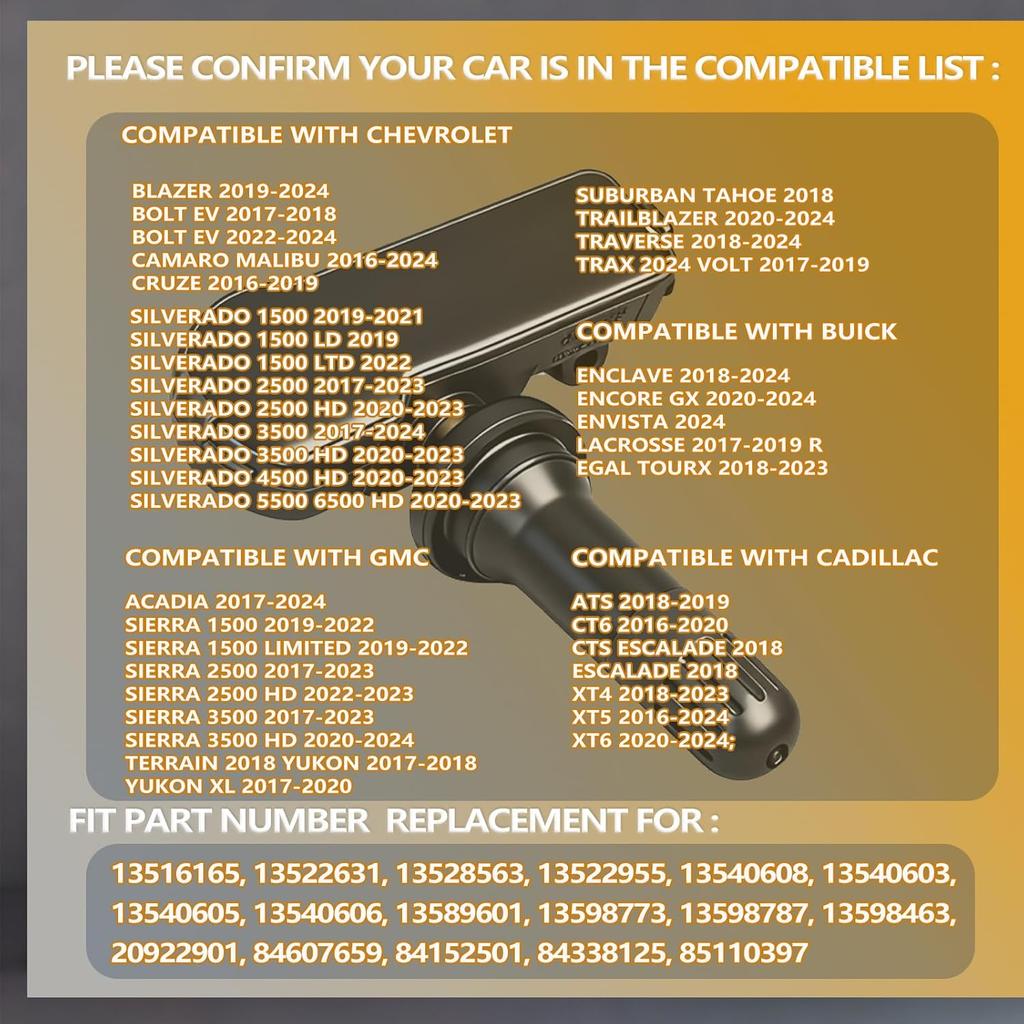 Датчики контроля давления в шинах Комплект из 4 штук Датчик TPMS Совместим с Chevy, GMC, Cadillac и Buick -2016-2024 Cruze Silverado Tahoe Sierra Yukon XL