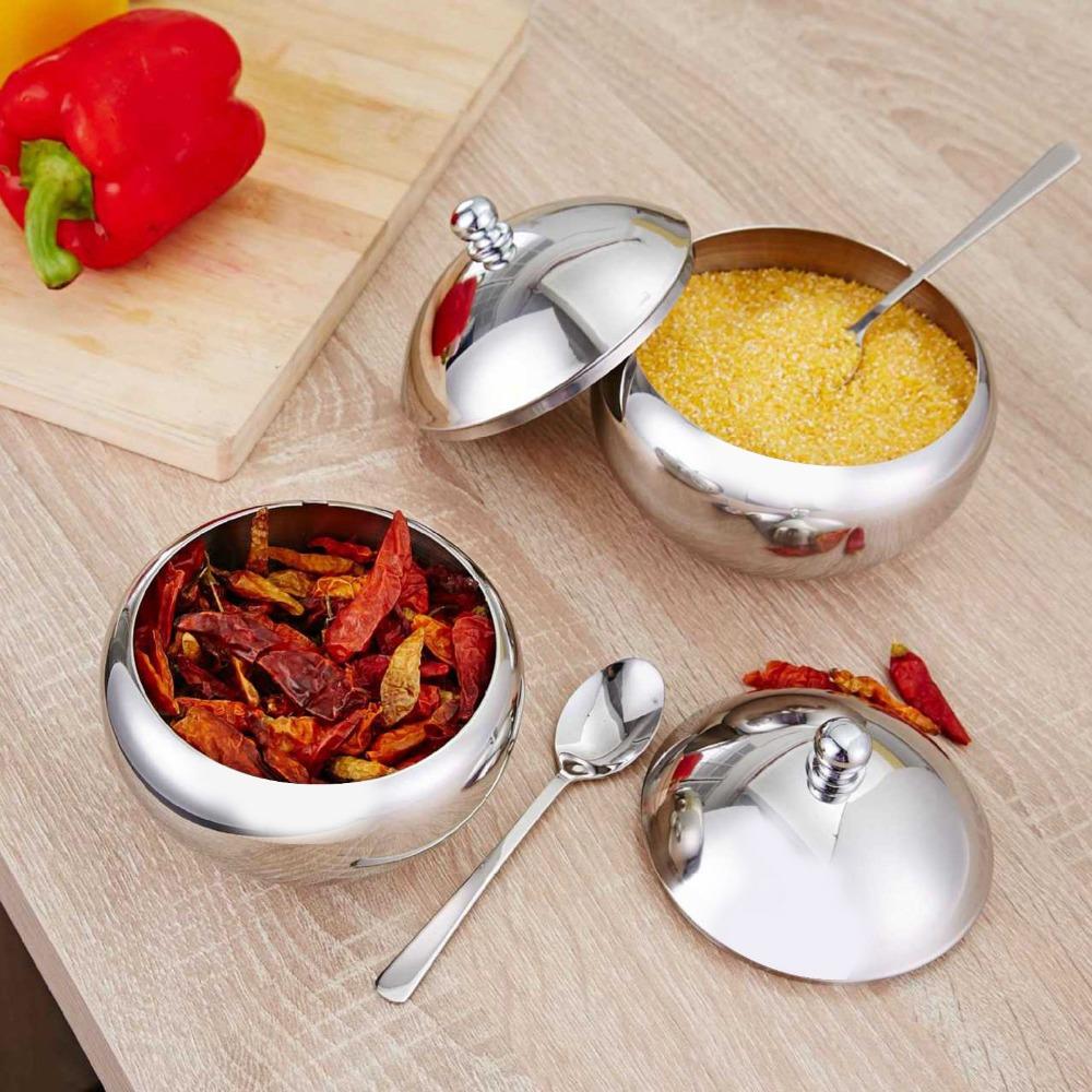 304 Stainless Steel Sugar Bowl with Lid and Spoon Spice Jar Storage Jar  Restaurant