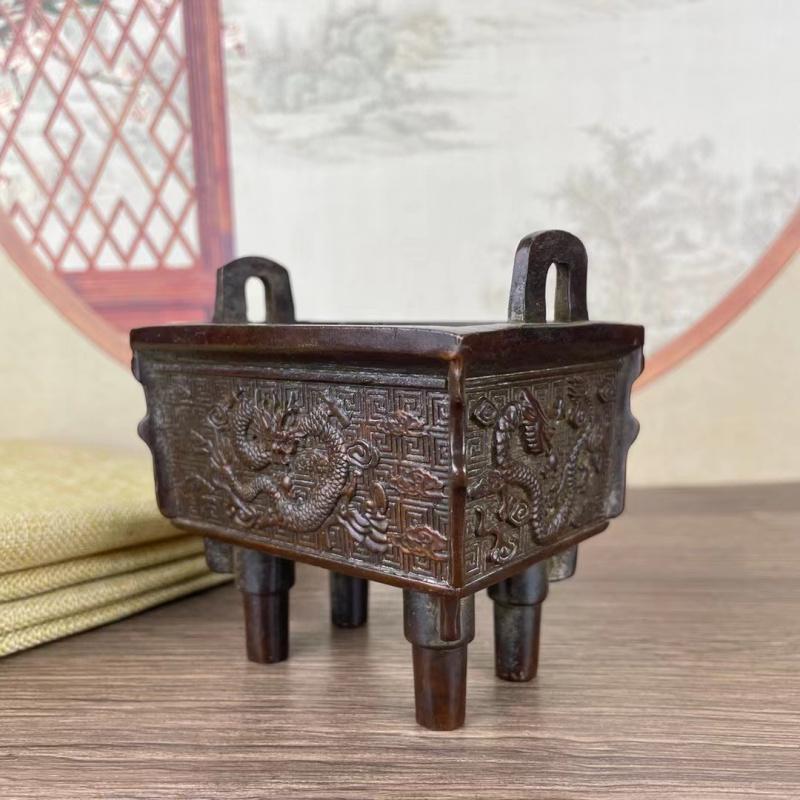 Simu Wuding Bronze Ornament Antique Alloy Four-Legged Square Office Company Cauldron Incense Burner Home Decor